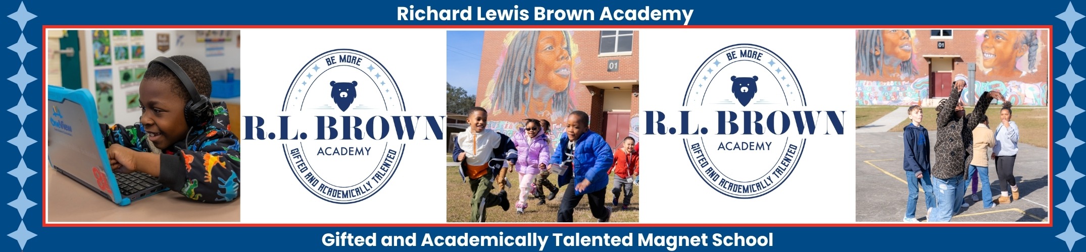 A collage with four images of a school, its logo, and children outside, displayed on a blue background.