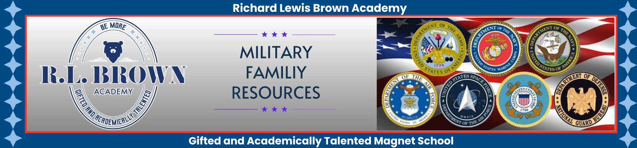 Blue and white design includes logo, text, and military branch emblems. Text reads "Military Family Resources".