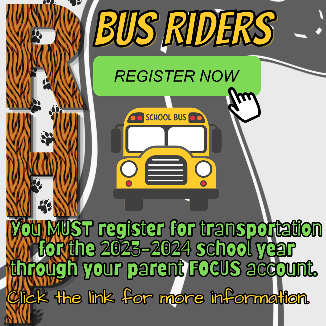 Advertisement for school bus riders to register for the 2023-2024 school year. Yellow school bus on a gray road.