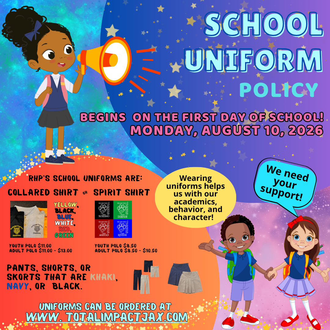Poster with a cartoon girl holding a megaphone, two children holding hands, and text about the school uniform policy.