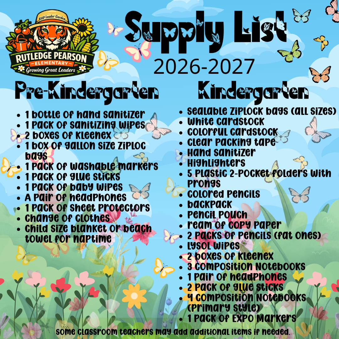 List of supplies for Pre-Kindergarten and Kindergarten, with items such as hand sanitizer, washable markers, and notebooks.
