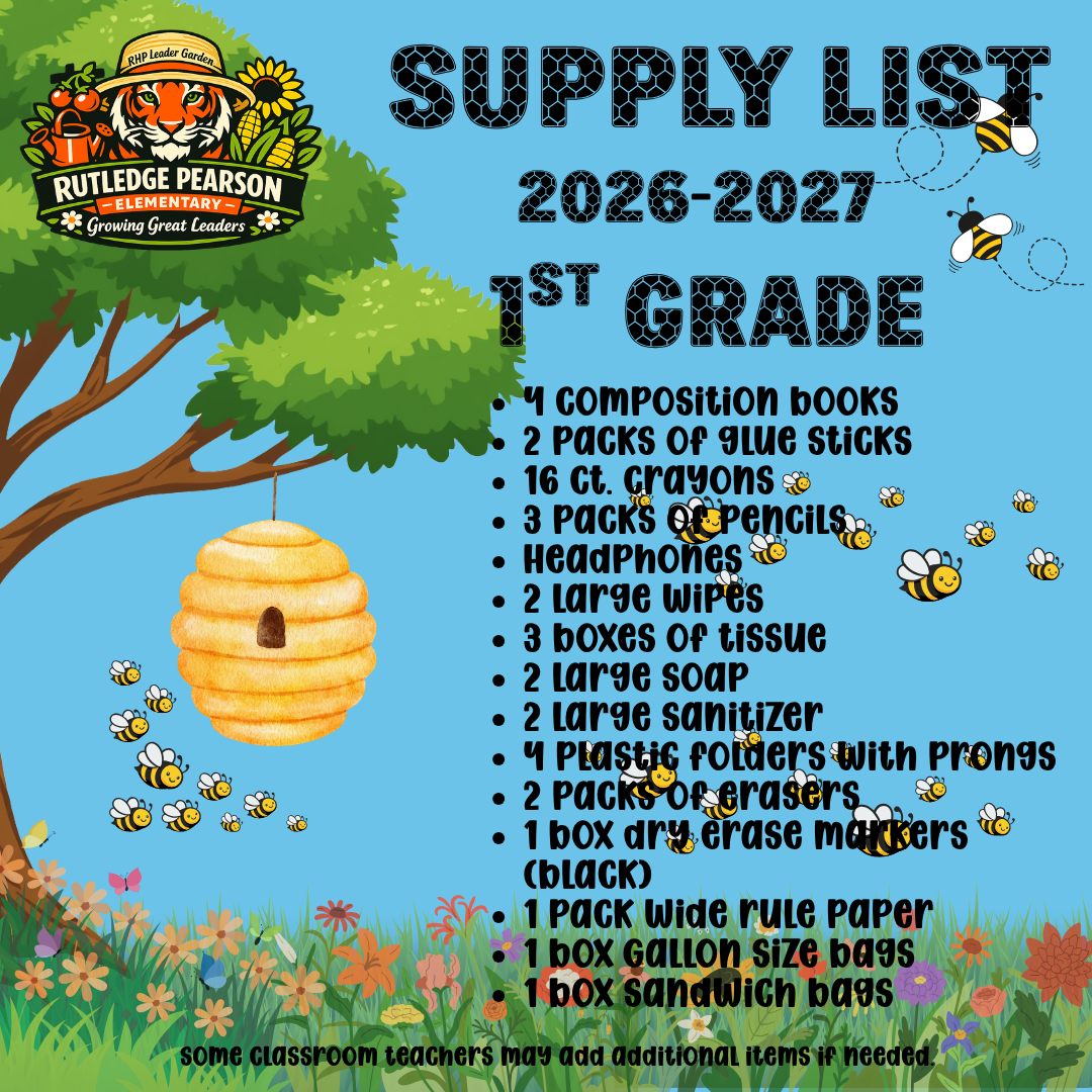 A colorful, illustrated list for 1st grade school supplies for 2026-2027 includes composition books, crayons, pencils, and other items.
