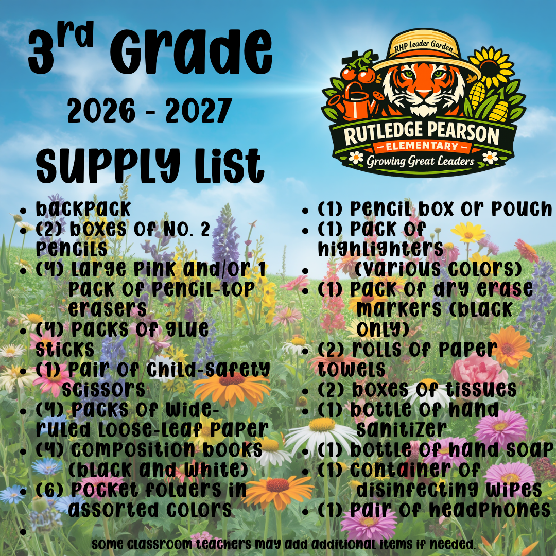 Display of a list of third-grade school supplies for 2026-2027. It features a field of flowers in the background.