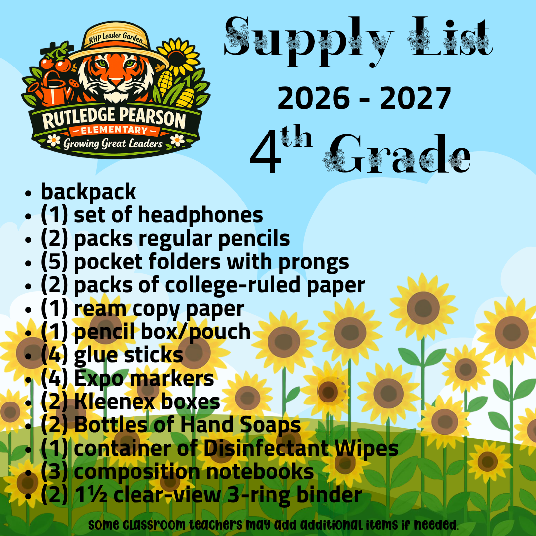 Supply list for 4th-grade students, including a backpack, headphones, pencils, paper, glue sticks, markers, and hand soaps, among others.