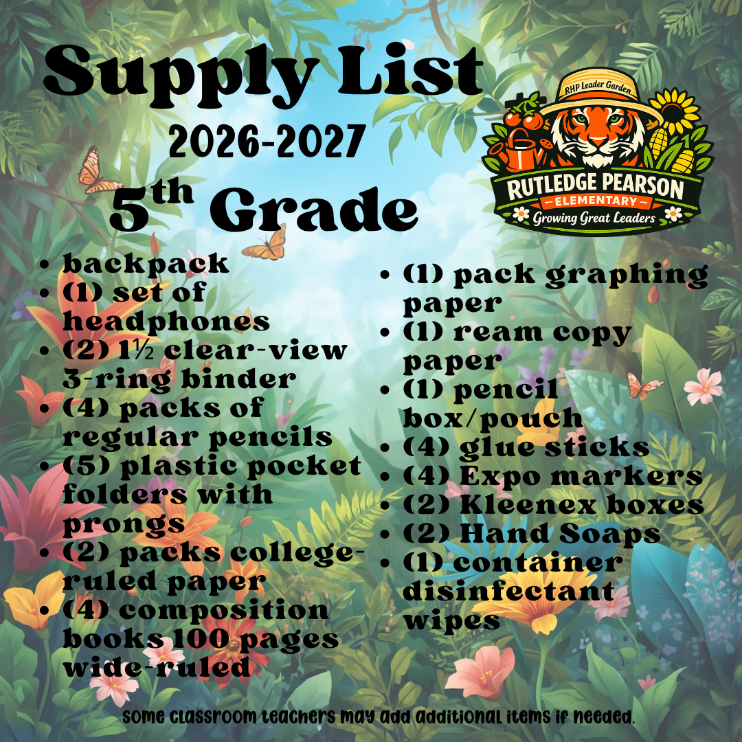Jungle-themed flyer lists school supplies for 5th grade, 2026-2027, including backpacks, pencils, paper, and more.