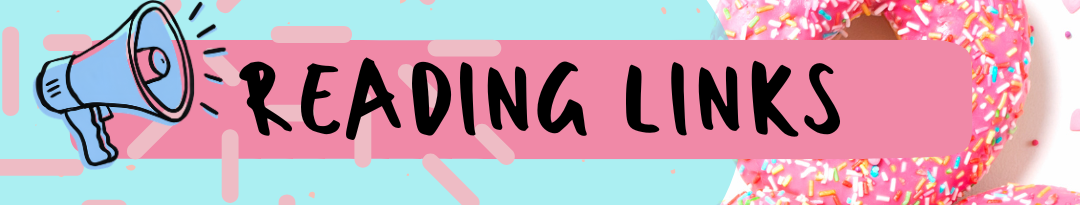 Pink label with "Reading Links" text above a colorful donut on a blue and pink patterned background.
