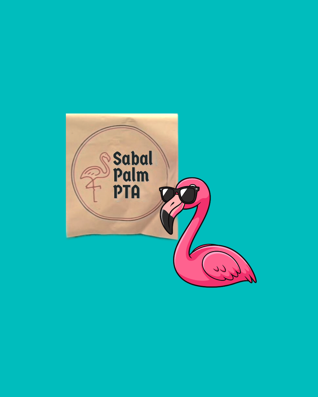 A pink flamingo wearing sunglasses stands next to a paper bag labeled "Sabal Palm PTA".