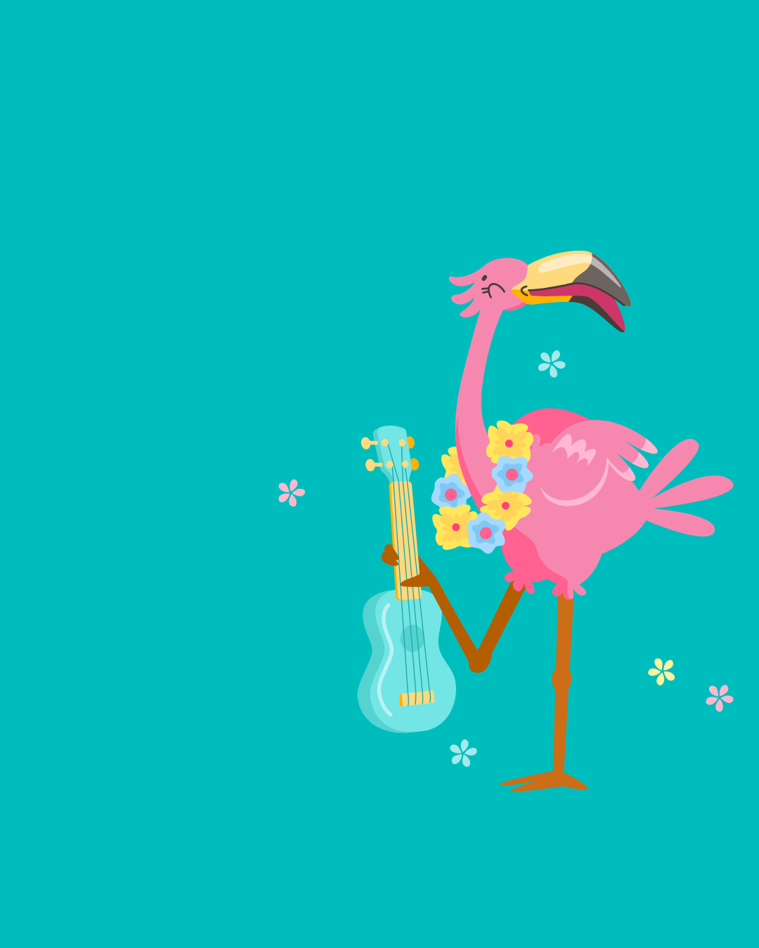 A pink flamingo with flowers around its neck holds a small guitar with its leg on a teal background with scattered flowers.