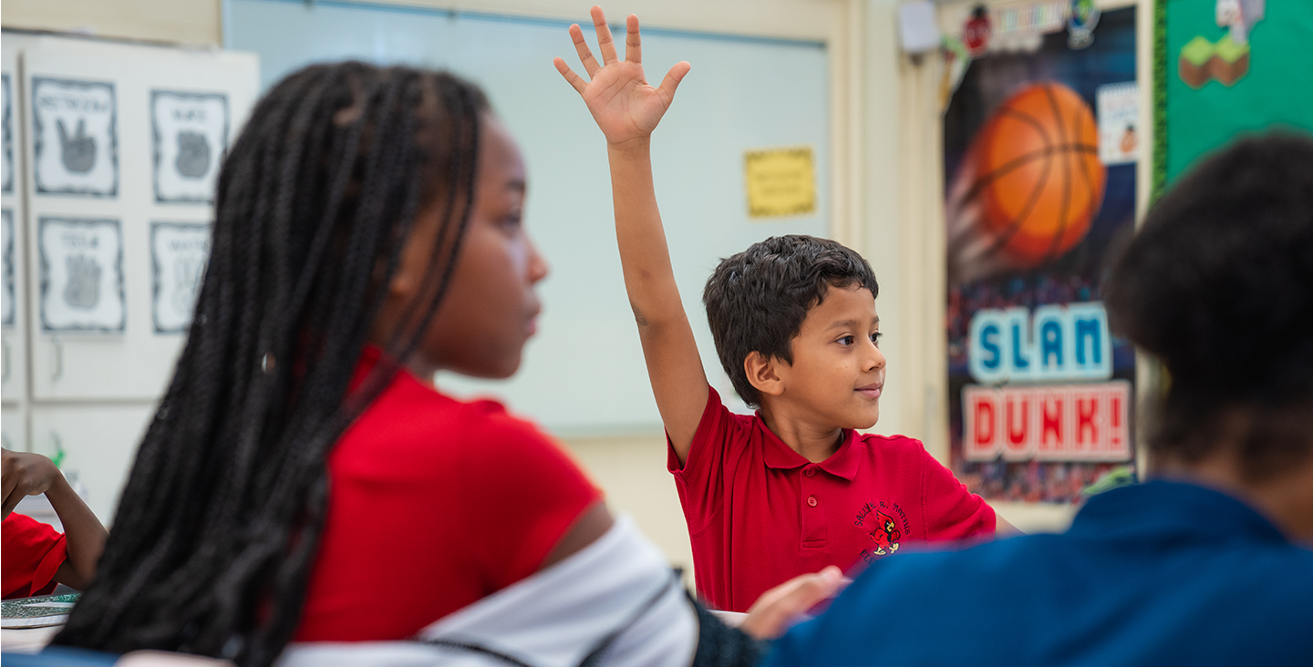 student raising his hand in class