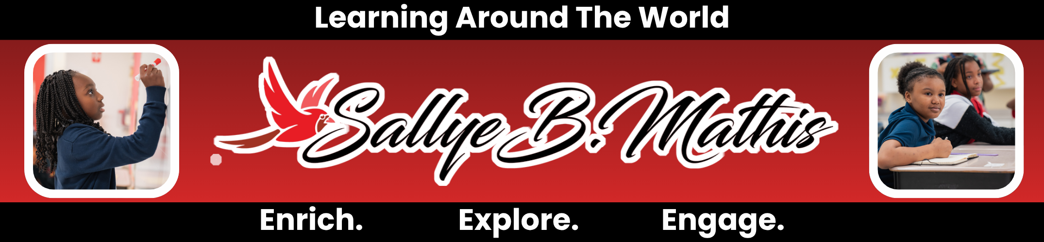 A banner with "Learning Around The World" above it. It features two photos: a woman writing and a girl studying.