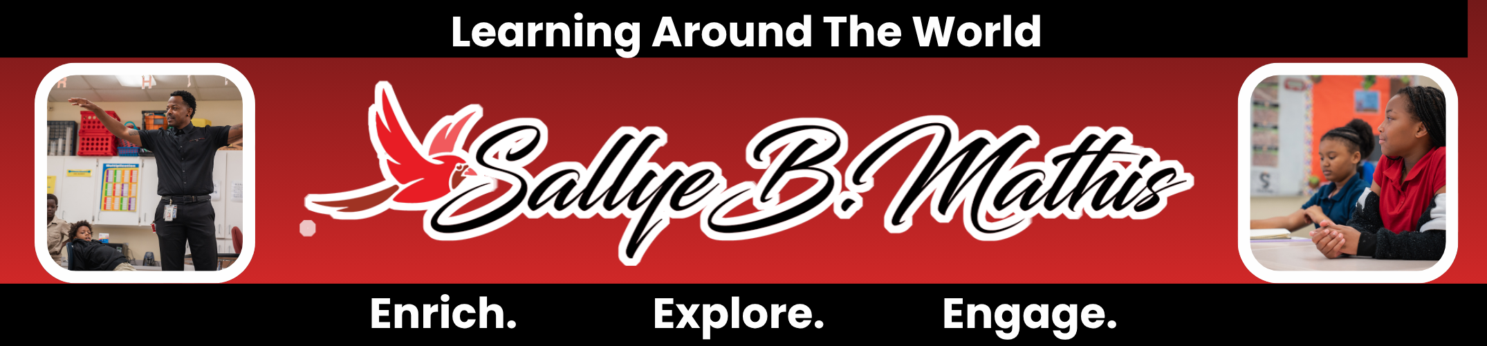 A red banner with black borders displays "Learning Around The World" and a bird logo. Two photos depict a person and a child.