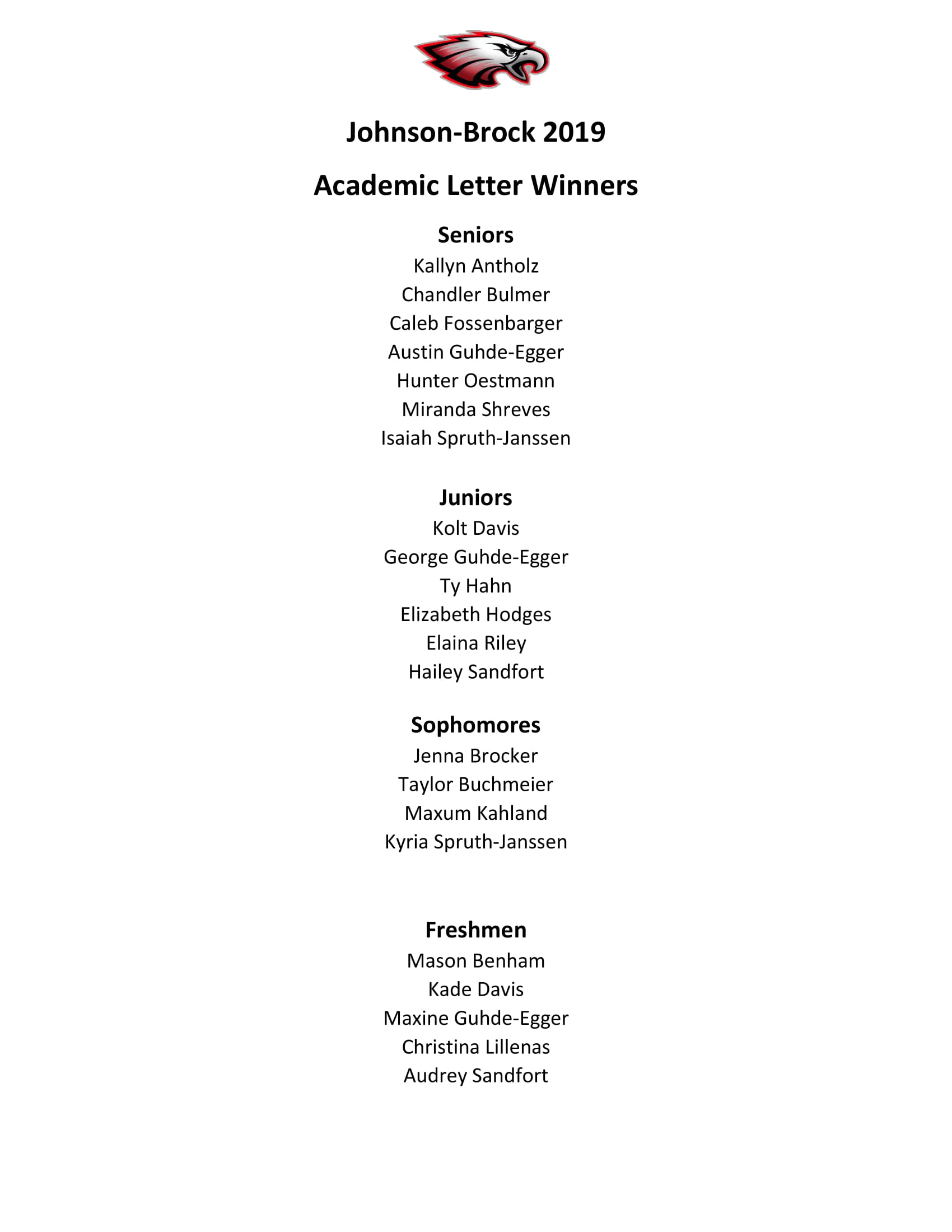 Johnson-Brock 2019 Academic Letter Winners