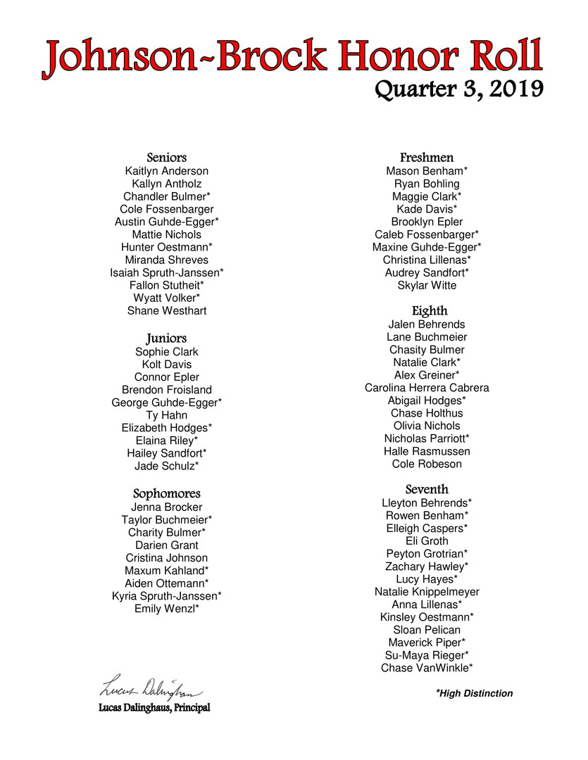 Johnson-Brock Honor Roll, Quarter 3, 2019