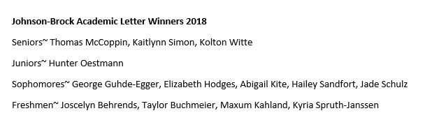 Johnson-Brock Academic Letter Winners 2018