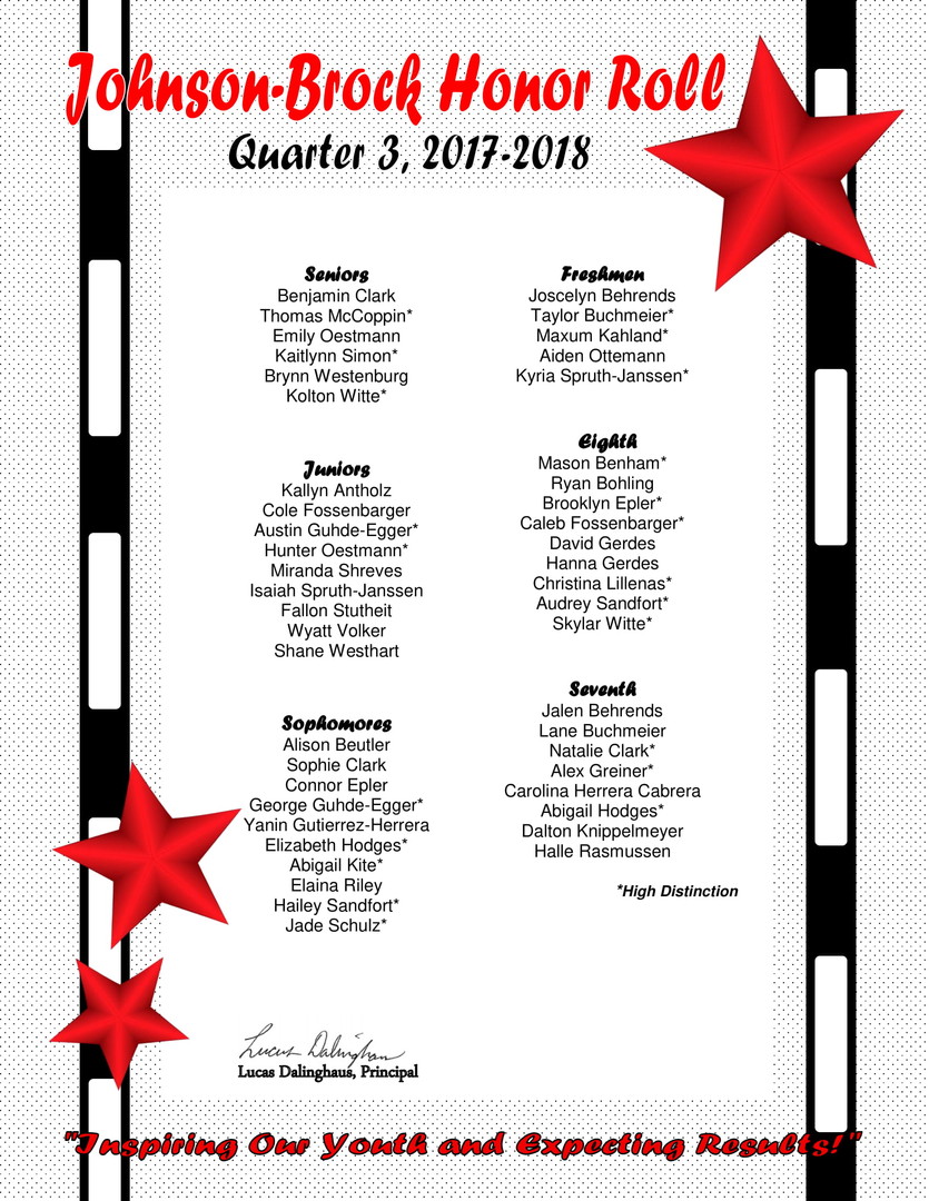 Johnson-Brock Honor Roll, Quarter 3, 2017-2018