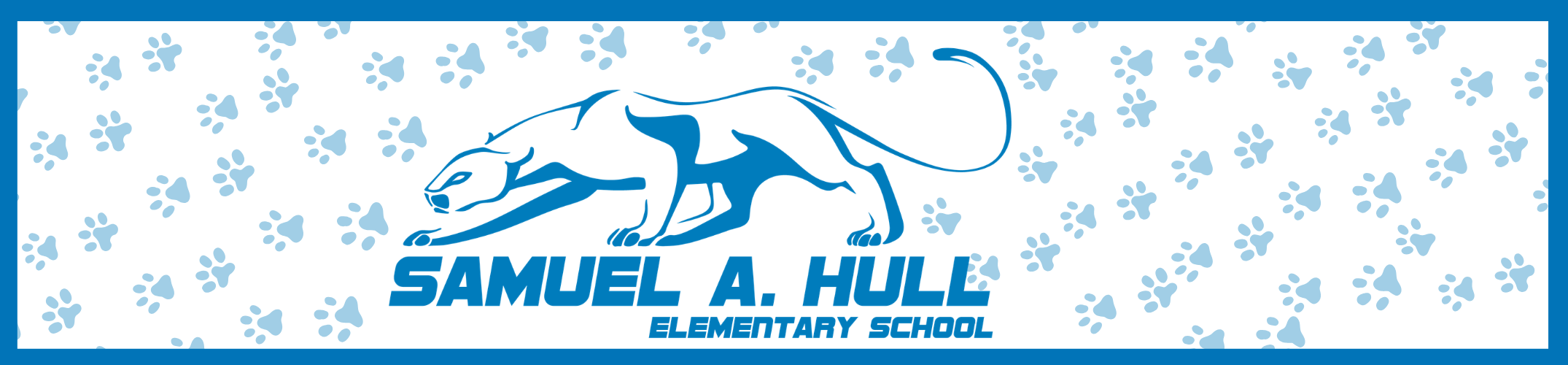 Blue and white logo with paw prints and a leaping panther; "SAMUEL A. HULL ELEMENTARY SCHOOL" in bold blue letters.