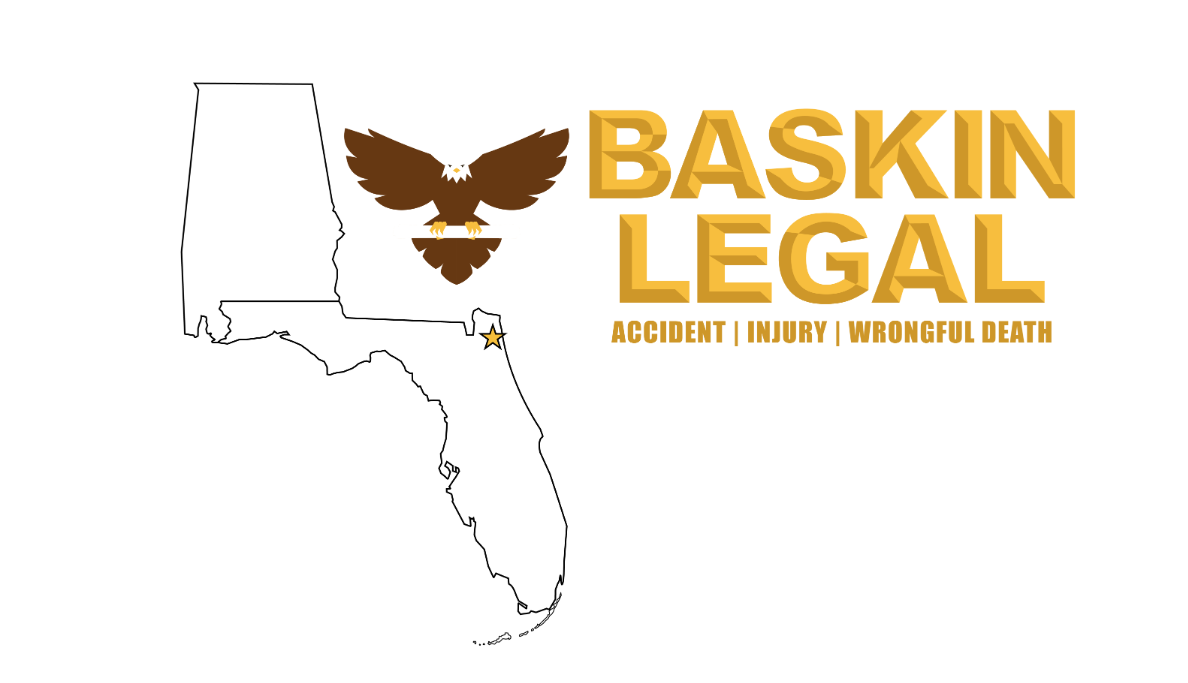 Logo for Baskin Legal with an eagle and outline of Florida, text reads "Baskin Legal Accident | Injury | Wrongful Death".