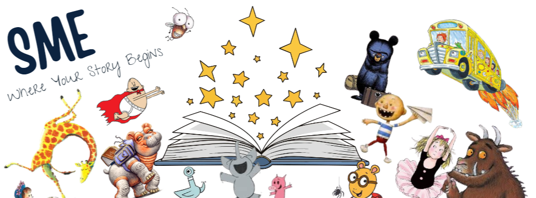 Characters from children's books surround an open book. Text reads "SME, where your story begins".