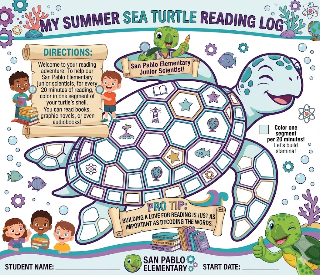Chart for a summer reading log, featuring a turtle with text on it, children, and colorful coral background.