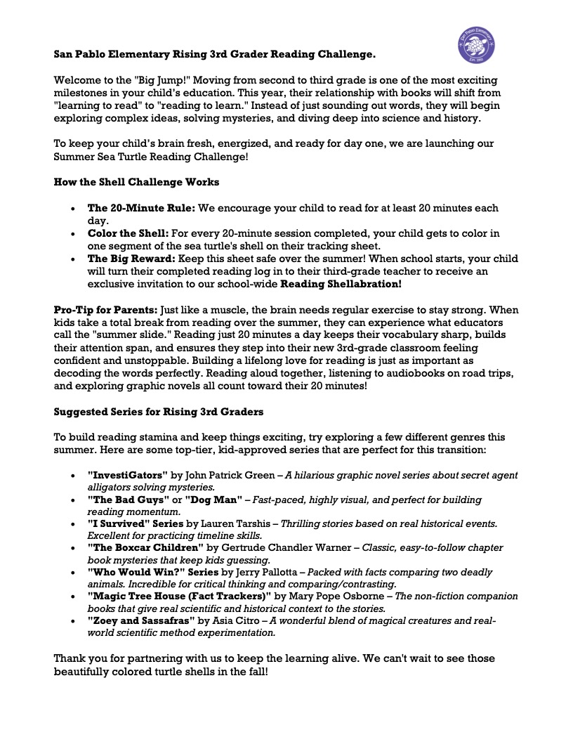 Text on a white background. It describes a summer reading program and lists tips for parents.