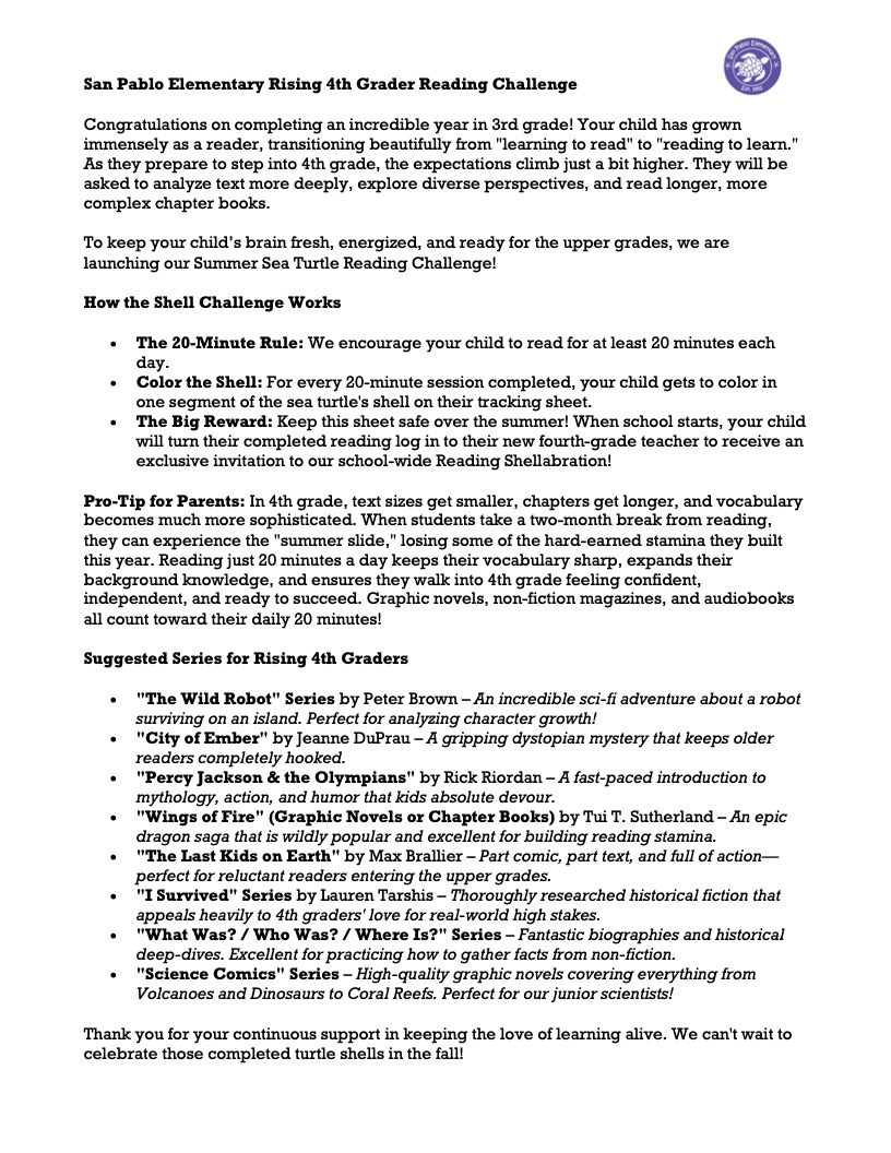 A white page with a blue header displays text in black and blue fonts. It includes headings, bullet points, and paragraphs about a reading challenge for students.