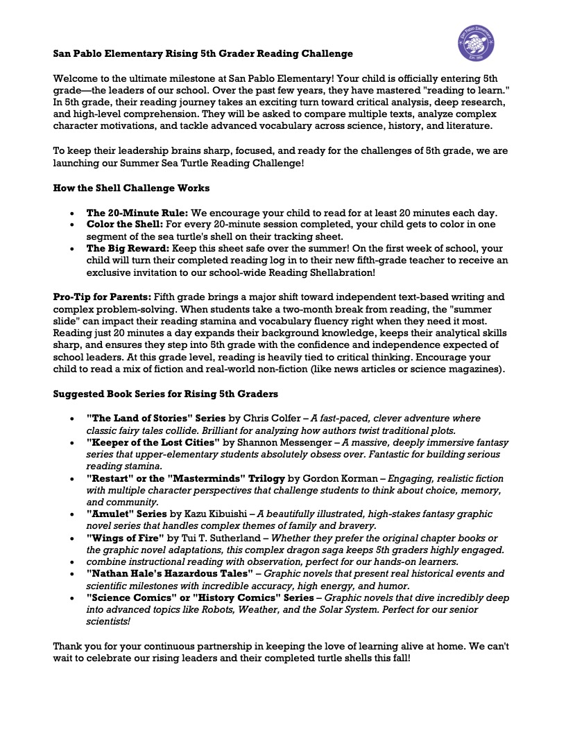 Document with blue border and heading "San Pablo Elementary Rising 5th Grade Reading Challenge". The body of the document is filled with text and bullet points.