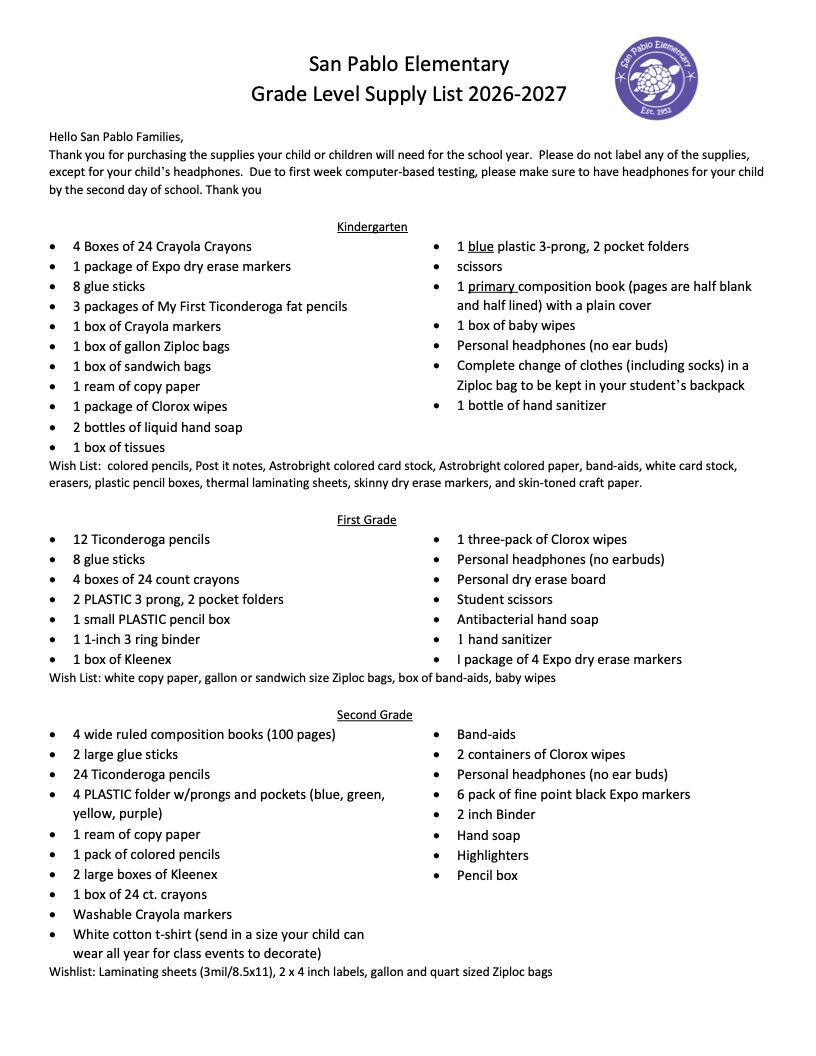 Document with "San Pablo Elementary Grade Level Supply List 2026-2027" at the top, organized into columns for Kindergarten to Grade 2. Includes supply lists for each grade level.