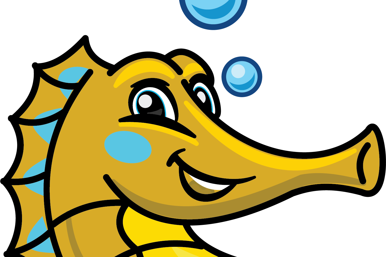 A yellow seahorse with blue spots and fins floats with two bubbles above. It has a smiling face and a long, curved tail.