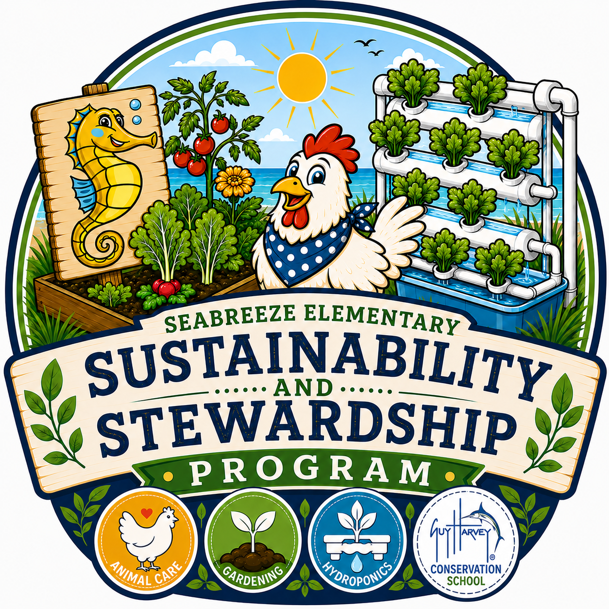 A circular emblem features a chick, seahorse, plants, and gardening tools. The words "Sustainability and Stewardship Program" are prominently displayed.