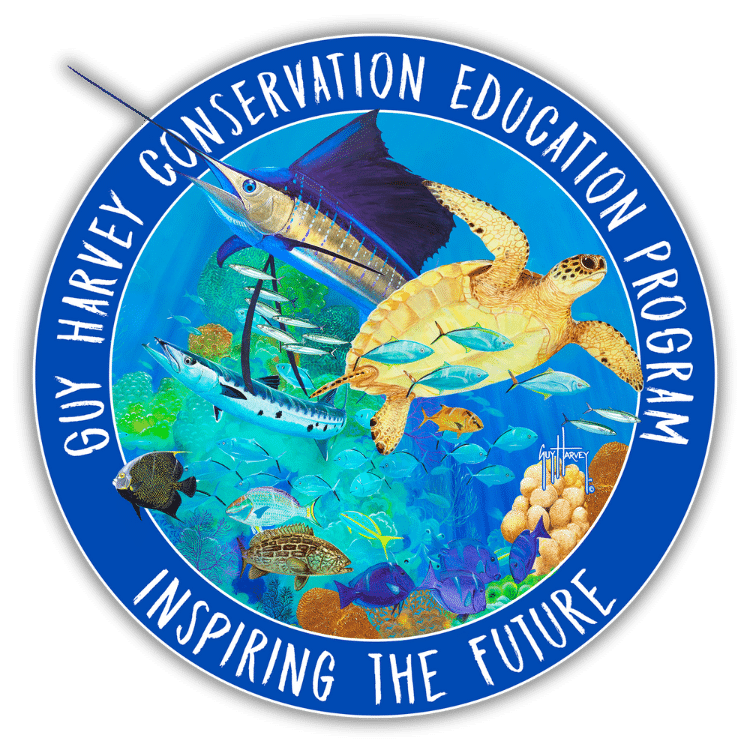 A circular logo featuring various marine life. A turtle, a sailfish, and other fish are present. Text reads "Guy Harvey Conservation Education Program".