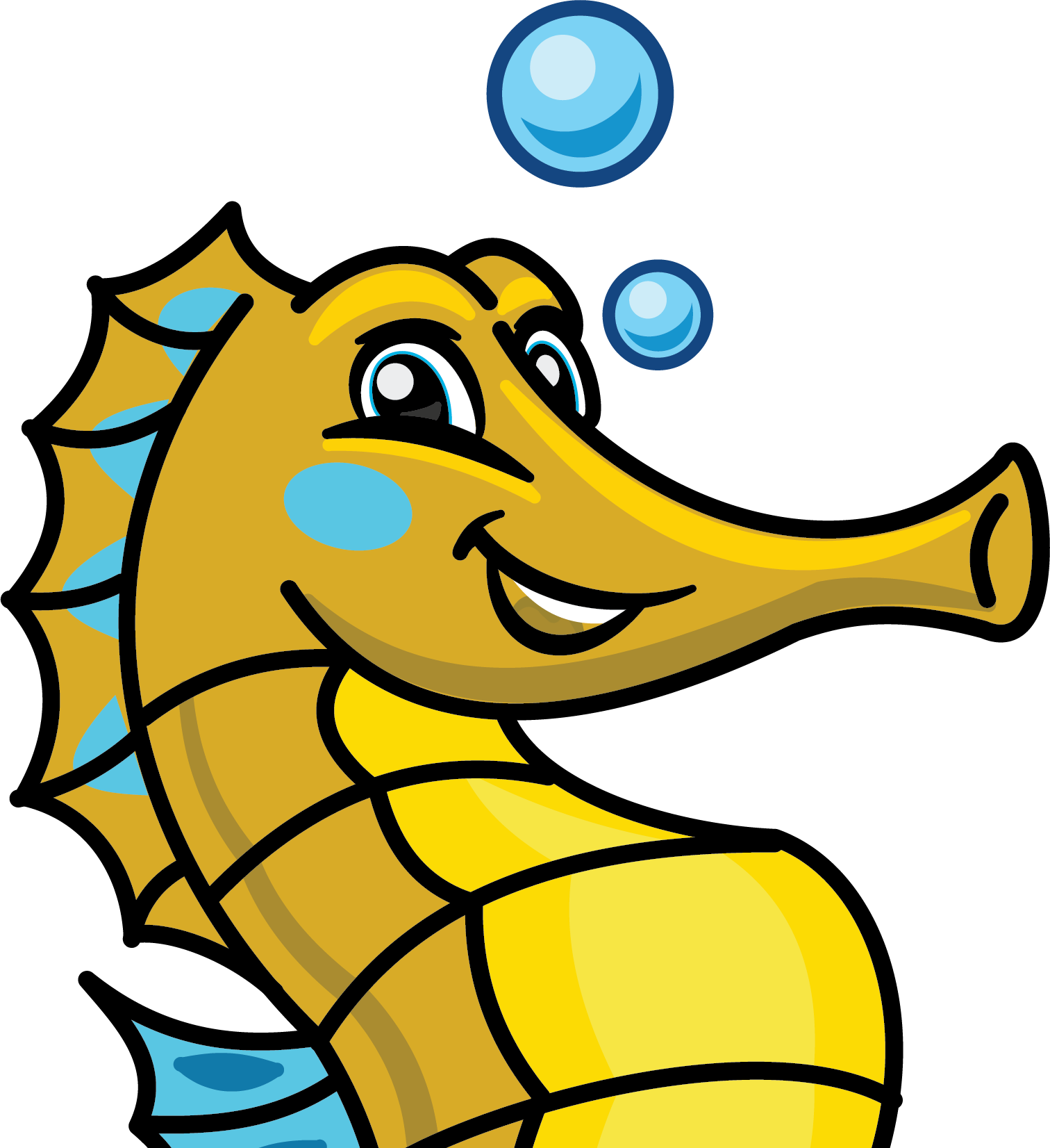Yellow seahorse with blue spots, a blue fin, and a curled tail, swimming with bubbles.