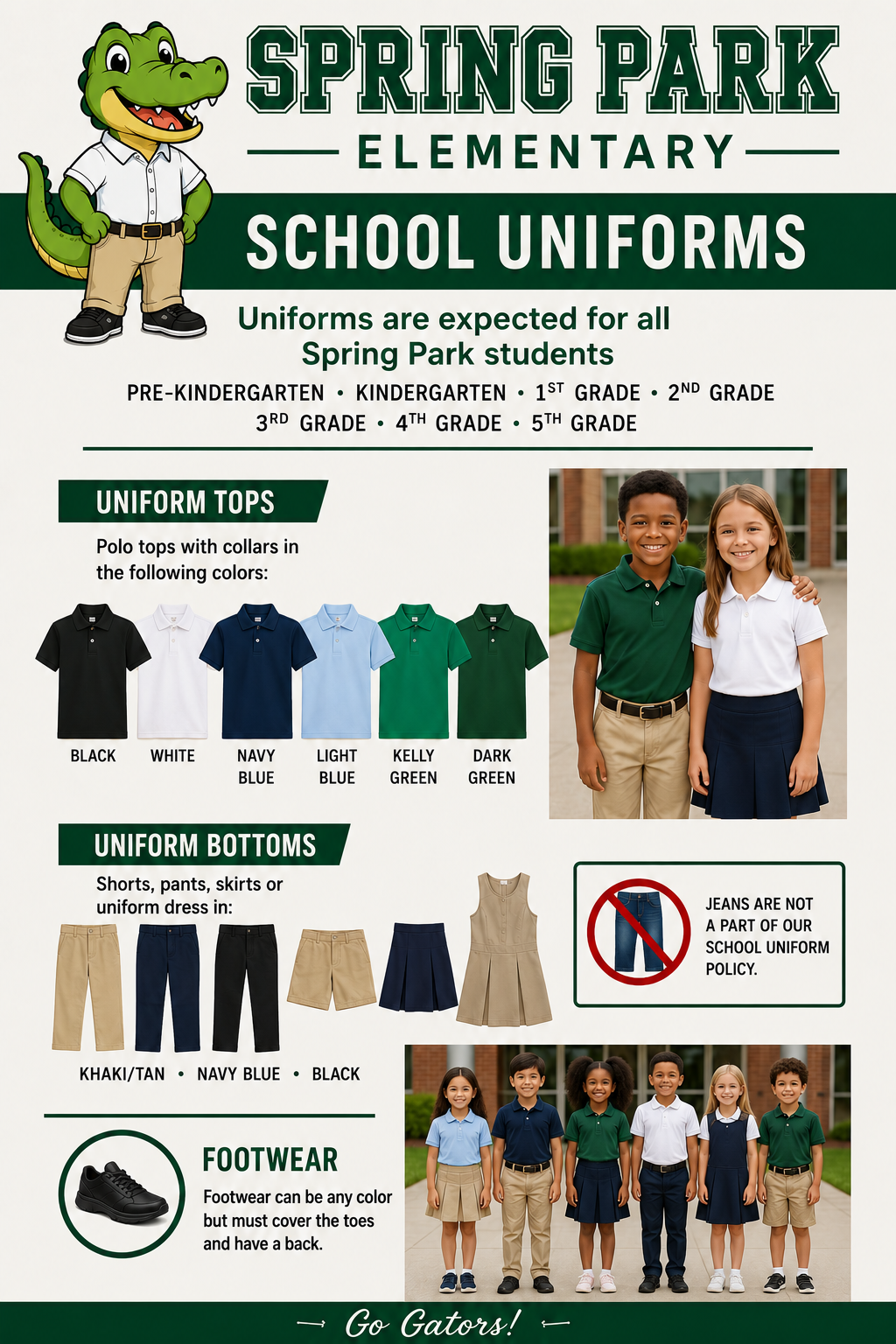 A Spring Park Elementary school uniforms poster features a mascot, kids in uniform, and a list of uniform items and colors.