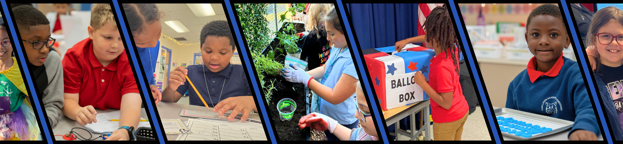 Collage of children in a classroom setting, engaged in activities like reading, writing, and using technology.