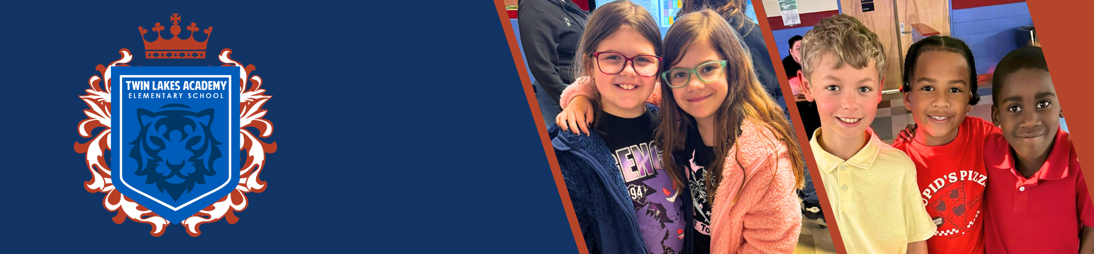 A collage of children smiling, featuring a school logo with a shield design in the background.