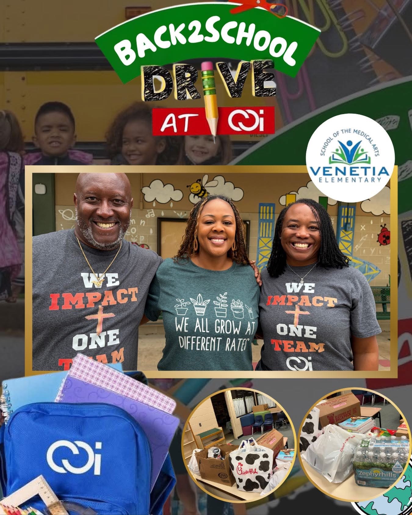Three smiling adults stand in front of a colorful background. They wear matching gray shirts with the phrase "We Impact One." Below, bags and other items are shown.