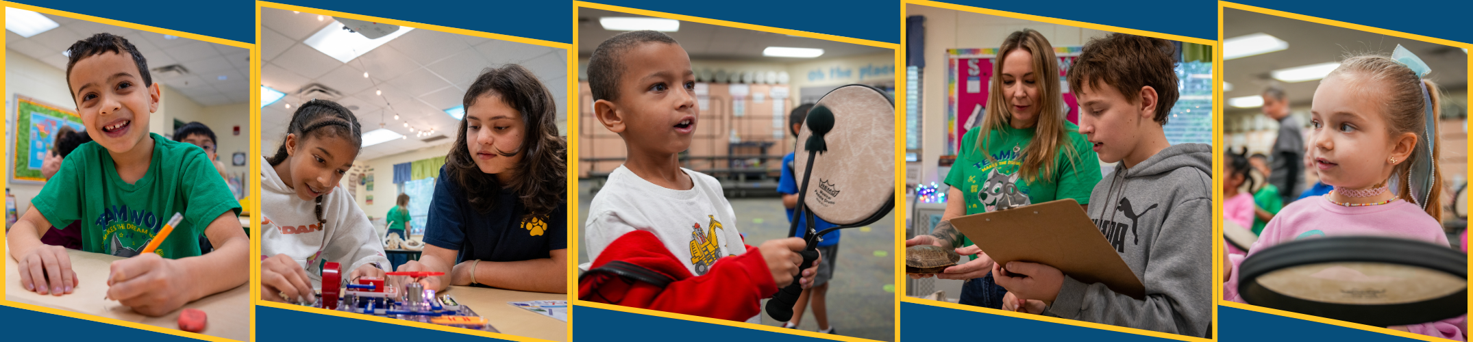 Multiple photos of children in a classroom: one child writing, another holding a musical instrument, and a child holding a clipboard.