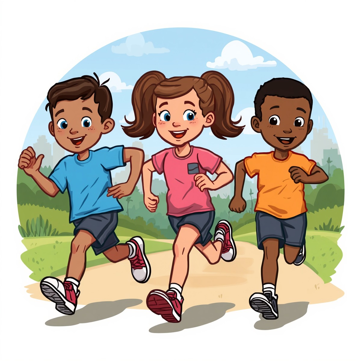 Three children run on a dirt path with grass on either side, in a park.