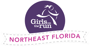 Logo with a running figure, "Girls on the Run" in pink, and "NORTHEAST FLORIDA" on a white ribbon.