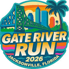 A vibrant logo features a bridge, city skyline, and palm trees. Text reads "GATE RIVER RUN 2026 JACKSONVILLE, FLORIDA."