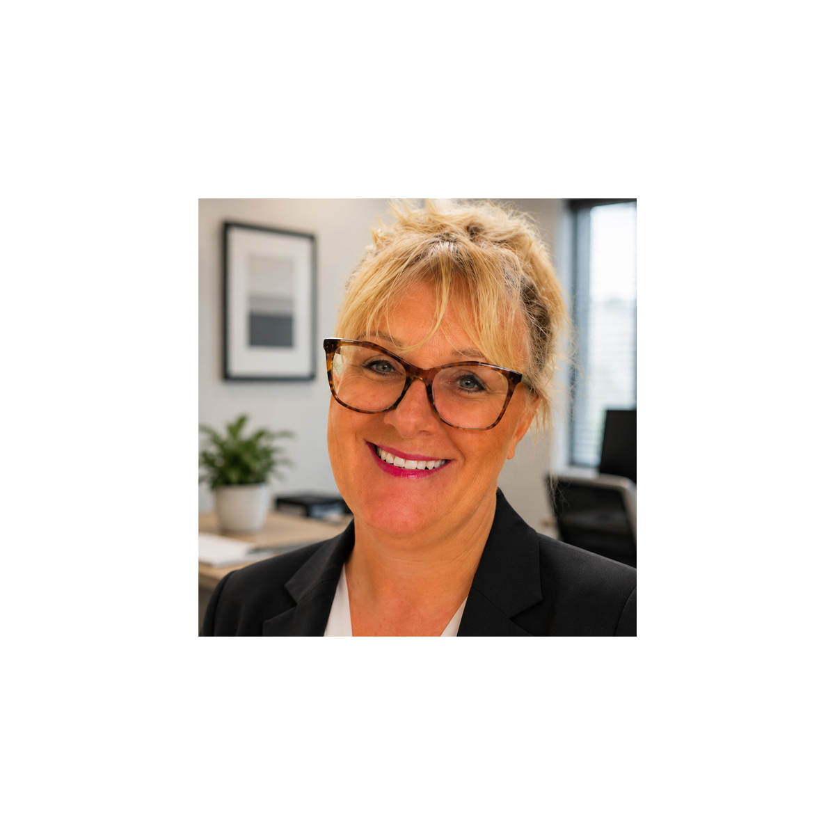A woman with short blonde hair wearing glasses smiles, standing in a room with white walls.