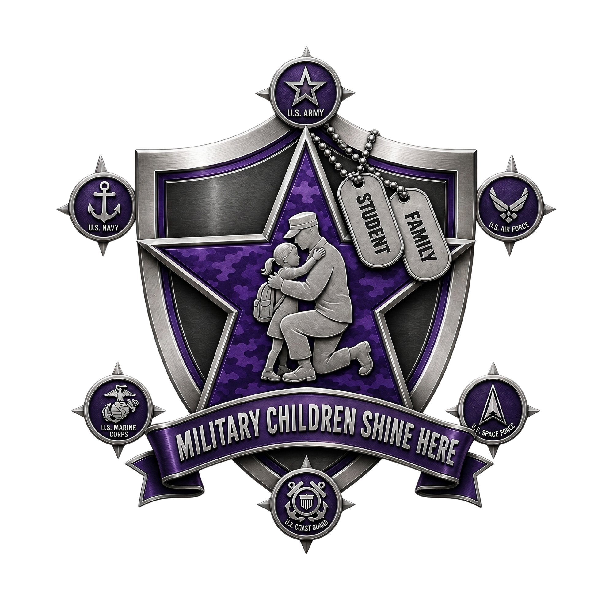 Shield emblem with purple star, featuring a kneeling soldier embracing a child, surrounded by military branch symbols. Banner below reads "MILITARY CHILDREN SHINE HERE".