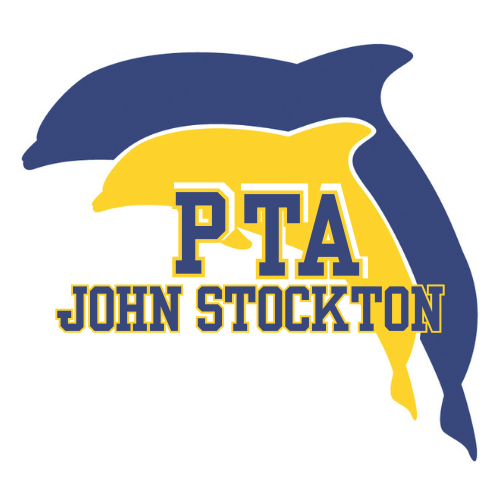 A white background features a blue and yellow dolphin logo. "PTA" is in blue above the dolphin. "JOHN STOCKTON" is in yellow below the dolphin.