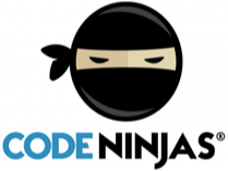 An image featuring a cartoon martial artist, wearing a black karate uniform with a white belt, standing in front of the Code Ninjas logo.