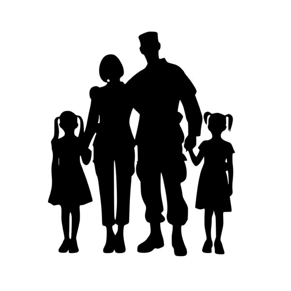 Silhouette of a family of four.  The mother and father are standing in the center, each wearing a military uniform.  One girl wearing a dress in holding a hand of each parent.  The girl's hear is in pigtails.