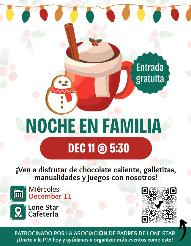 Folleto de la noche familiar: 5:30 en la cafetería. 11 de diciembre. Ven por Manualidades, Galletas y Cacao