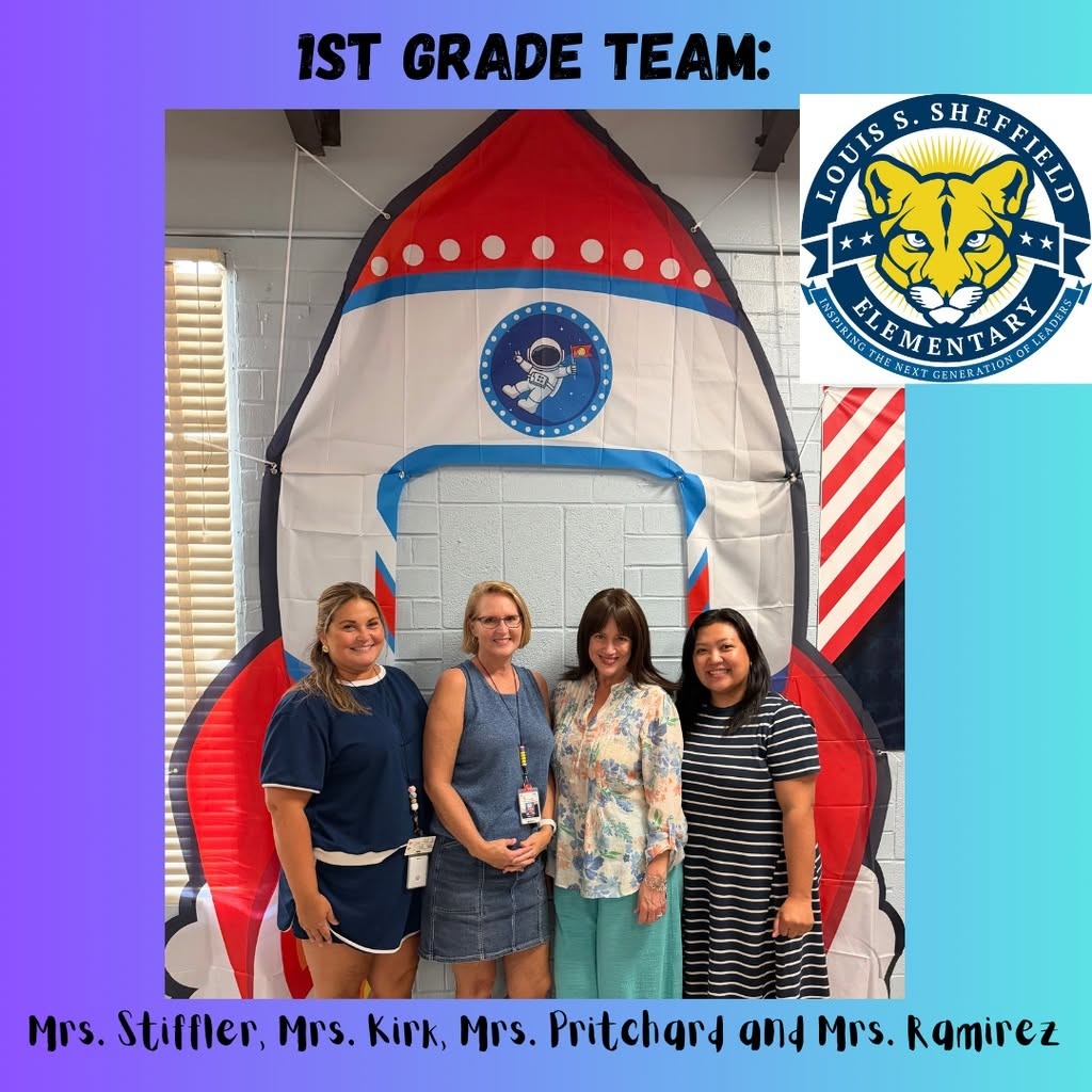 Four women in front of a rocket backdrop. One woman holds a framed certificate. Background has school logo.