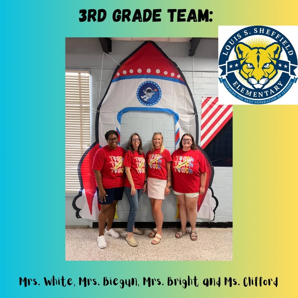 Four women in red shirts pose next to a rocket-shaped banner. Text reads "3RD GRADE TEAM:" and includes the names of the four women.