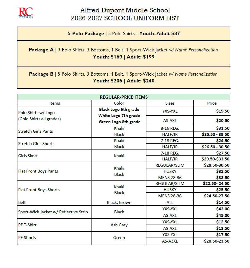 Document listing uniform items for Alfred Dupont Middle School, including youth and adult pricing for polos, bottoms, and jackets.