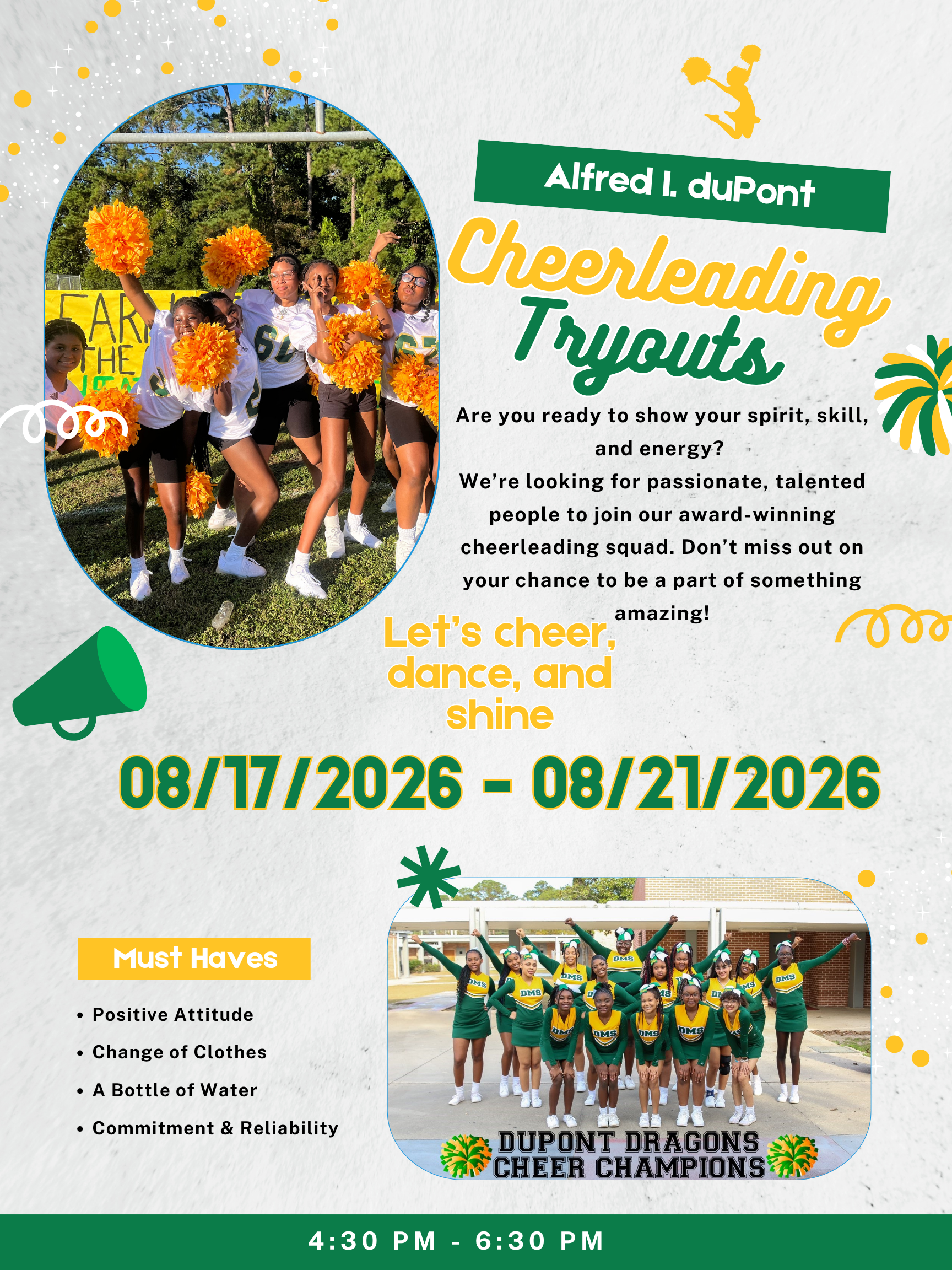 An invitation for cheerleading tryouts features a group photo of cheerleaders, text, and a flyer with details.