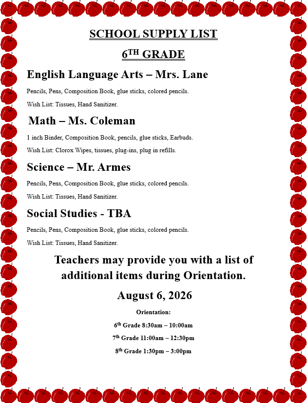Document showing 6th grade school supply list with details on supplies and teachers for English, Math, Science, and Social Studies.